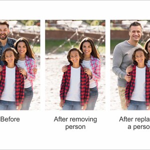 Three images showing a family of three. The first image shows a man, woman, and boy standing together. The second image shows the woman and boy standing together. The third image shows a different man, the woman, and the boy standing together.