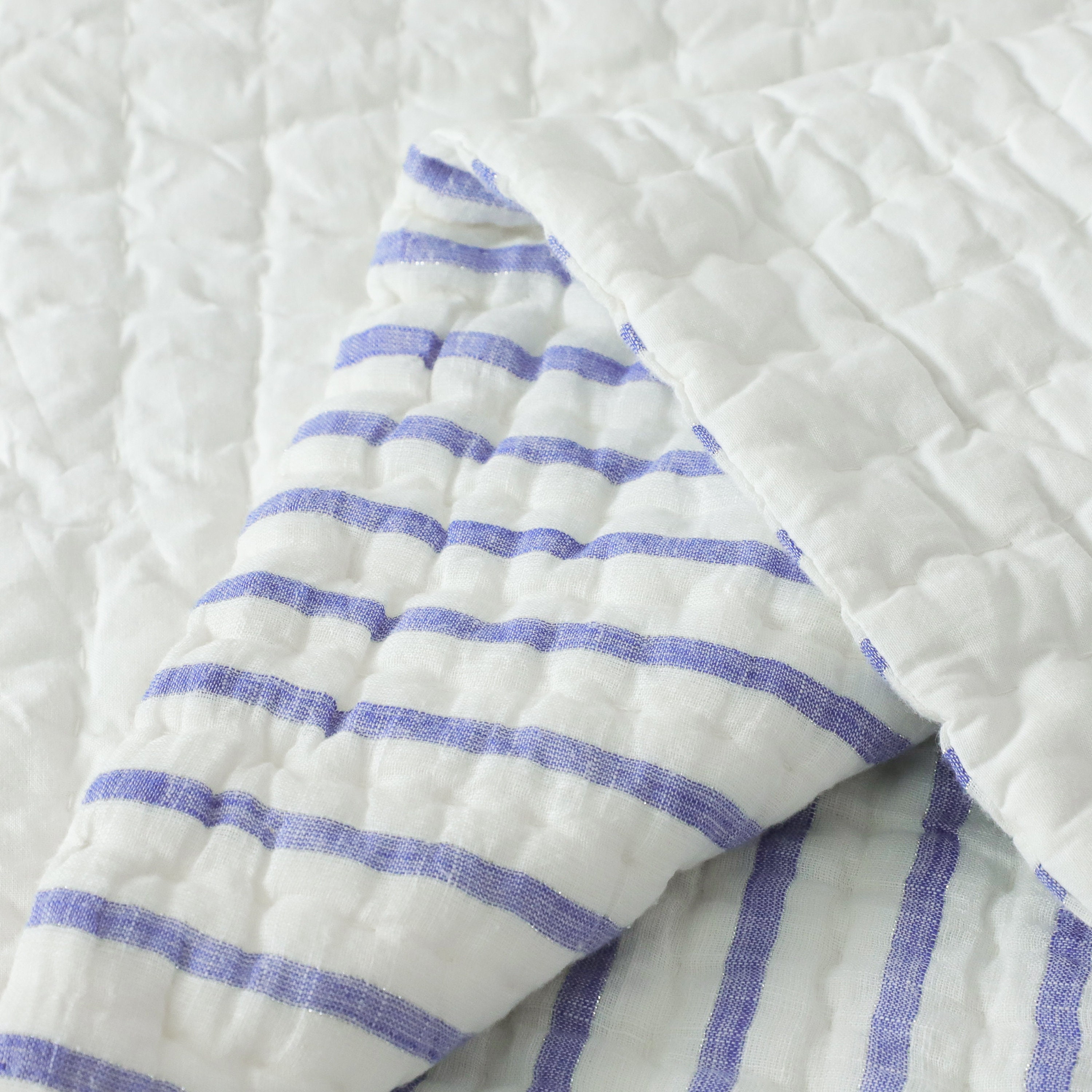 Bold Blue White Striped Cotton Quilt, Striped Pick Stitch Cotton Quilt