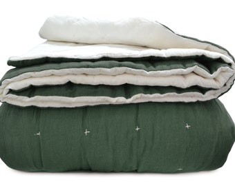 Green Linen Quilt, Olive Green Quilt and Throw Blanket, Custom Quilt, Handmade Quilt, Twin Size Quilt, King Size Quilt, Linen Bedding Set