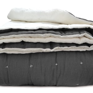 Gray European Linen Pick stitch Quilt With Cotton Batting And Cotton on Reverse Side, Linen Quilt for Kids Room, Handmade Quilt