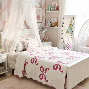 Handmade Pink Bow Cotton Patchwork Quilt, Scalloped Edge Bedding with Cross Stitch, Trendy Bow Quilt for Girls Room, Custom Cotton Blanket