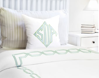 Embroidered Fretwork Duvet Cover Set, 400TC Cotton Blend Duvet Cover Set, Trellis Embroidery Bedding, White Embroidered Duvet Cover