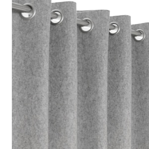 A close-up view of a custom gray wool curtain panel featuring a sleek silver grommet top heading on a rod. The deep eyelet folds highlight the thick, single-layer 2mm wool felt construction. These easy-to-hang drapes are perfect for a boys' bedroom, dorm room, or as a modern room divider. Available in custom sizes including extra-long and extra-wide, these luxury handmade curtains offer a clean, polished finish for contemporary window coverings and industrial-style interiors.