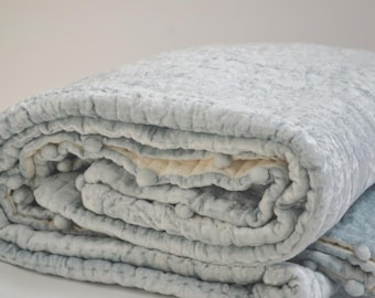 Icy Blue Velvet Quilt, Dorm Bedding, Pick Stitch Quilt, Pom Pom Quilt, Handmade Velvet Coverlet, Ice Blue Blanket, Twin Pick Stitch Quilt