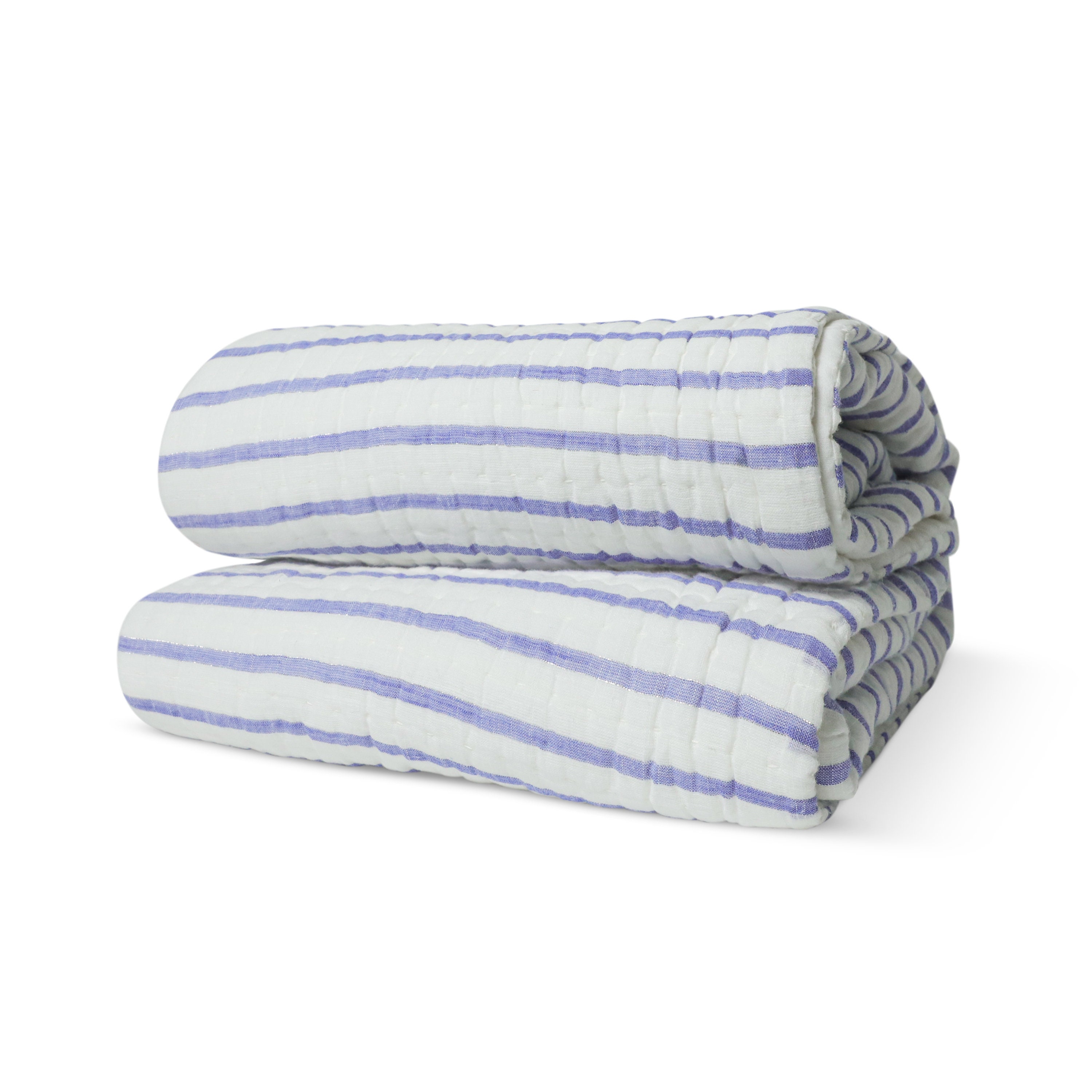 Bold Blue White Striped Cotton Quilt, Striped Pick Stitch Cotton Quilt