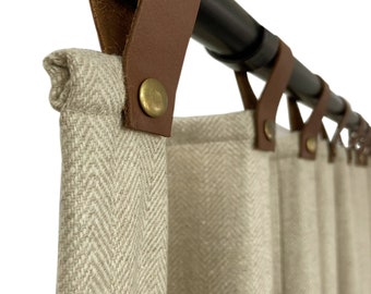 Custom Beige Chevron Wool Curtain With Leather Tabs and Snap Buttons, Fixed Rod Curtains, Available With Cotton and Blackout Lining Option