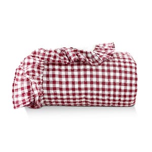 Handgjort rödbrunt och vitt bomullsquilt med volangkant, quiltad pläd, mysiga tyngdfiltar, gingham-sängkläder, specialdesignat picknickquilt