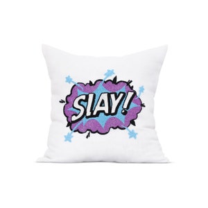 Funda de almohada Slay, almohada de tiro de dormitorio, funda de almohada GenZ, funda de almohada de arte pop, decoración de dormitorio para chicas universitarias, regalo para ella, regalo de compañero de cuarto