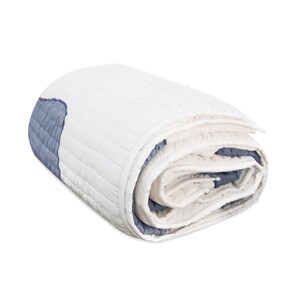 A twin-size quilt with a blue and white appliqué pattern. The quilt is made from cotton fabric with a soft polyfill batting, providing comfort and warmth. The top side showcases the beautiful blue appliqué design.