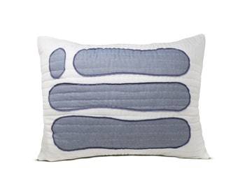 Blue Stonehenge Cotton Sham, Blue & White Pillow Cover, Handmade Cotton Quilt with Batting, Embroidered Cotton Sham, Machine Washable