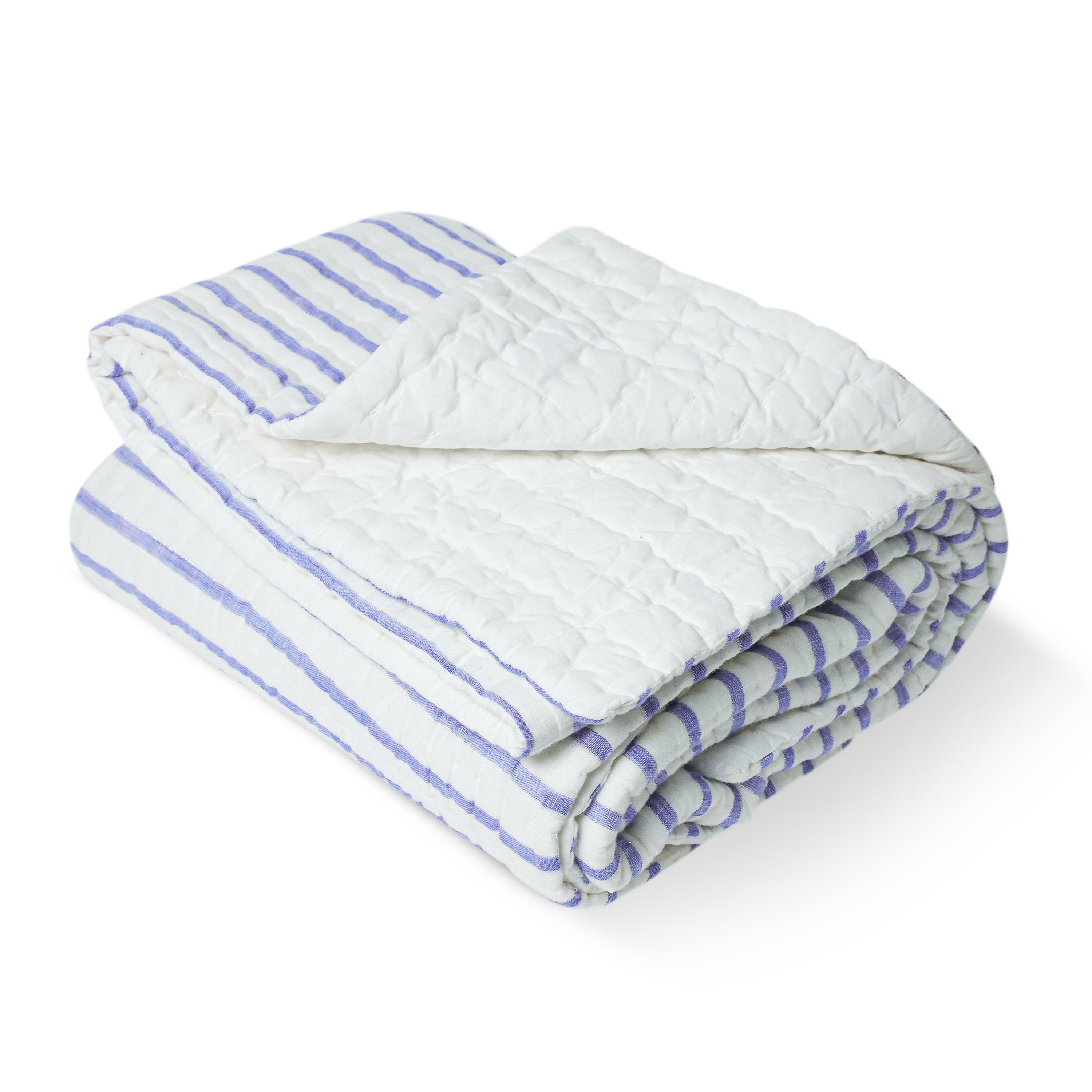 Bold Blue White Striped Cotton Quilt, Striped Pick Stitch Cotton Quilt