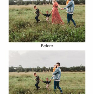 Puede incluir: Una familia de cinco personas camina por un campo de hierba alta. Los padres se toman de la mano, y los tres hijos se toman de la mano en una línea detrás de ellos. Los padres visten ropa informal, y los niños visten ropa variada. La familia camina hacia una línea de luces en la distancia.