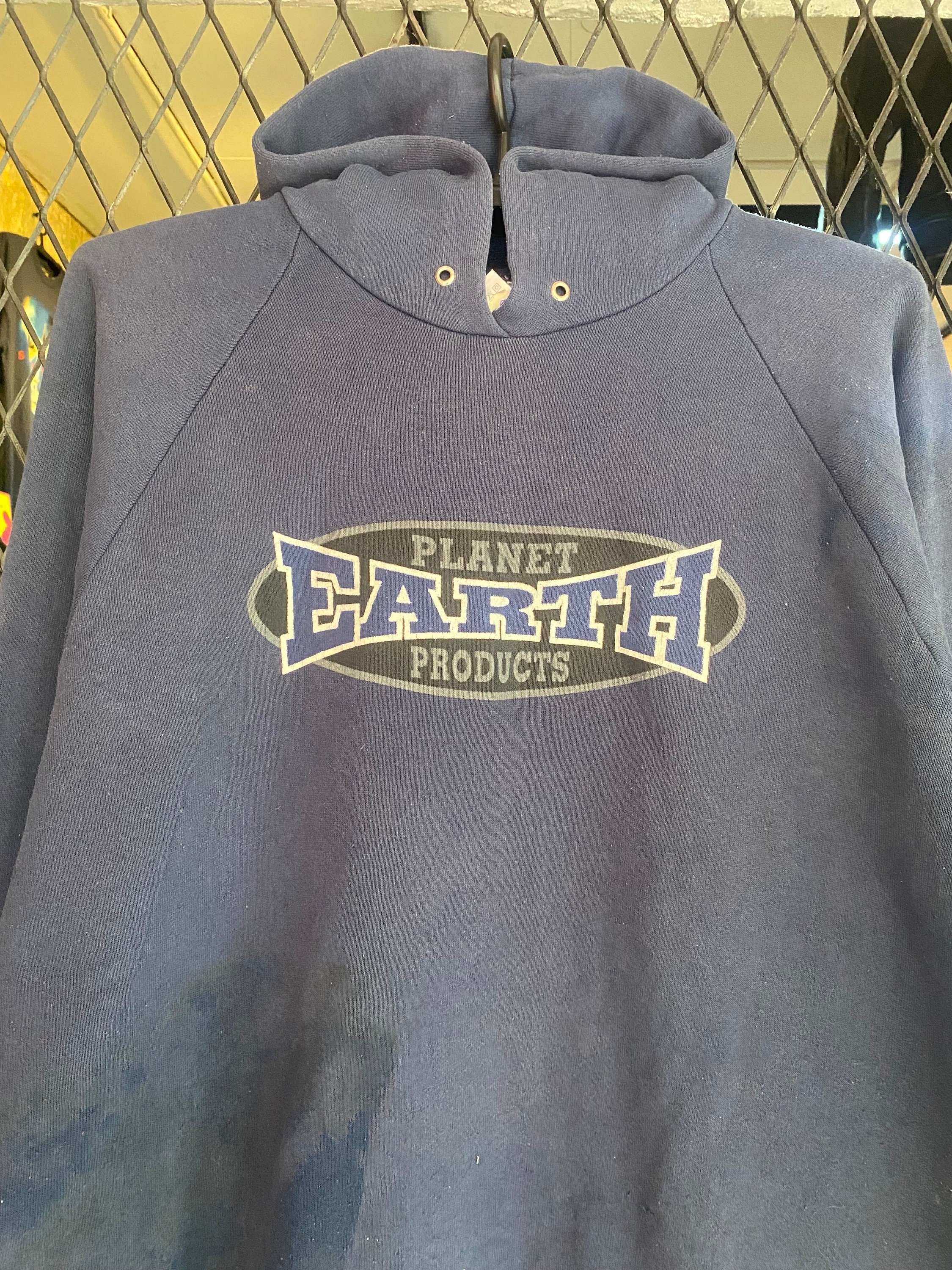 Vtg 90s Planet Earth Hoodie Mens XL Blue Skateboard Hoodie