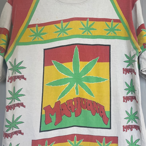 Vtg 90s Marijuana Fullprint Cannabis Pot Weed Leaf T Shirt