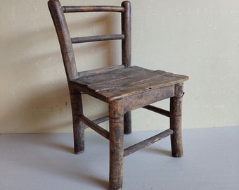 Antique Primitive Old Hand Carved Wooden Chair 19th.