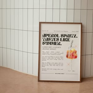 Aperol Spritz Retro Newspaper Print, Aesthetic Bar Cart Decor, Alcohol Vintage Wall Art, Trendy Cocktail Poster, Dorm Room Decor