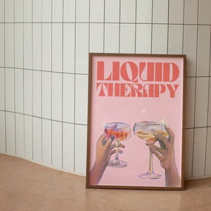 Wydruk ścienny Liquid Therapy, dekoracja ścienna w stylu retro, sztuka ścienna Bar Cart, wydruk ścienny Pink Cocktail, wydruki do pobrania cyfrowego, duża sztuka do druku