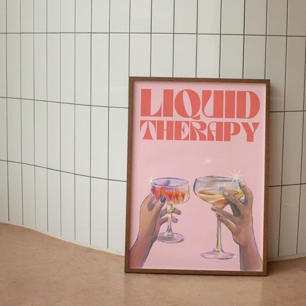 Liquid Therapy Wall Print, Retro Wall Decor, Bar Cart Wall Art, Pink Cocktail Wall Print, Digital Download Prints, Large Printable Art