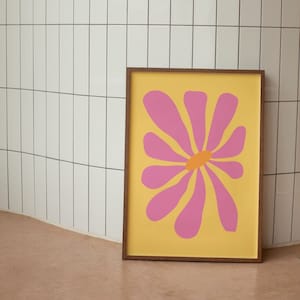Funky Retro Flower Wall Print, Colourful Wall Art, Yellow Orange Pink Flower Digital Download Print, Large Printable Art, Downloadable Print