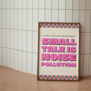 Small Talk Wall Print, Funky Pink Green Wall Art, y2k Checkered Digital Download, Printable Funny Wall Poster, Retro Dorm Room Decor