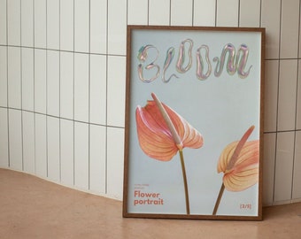 Bloom Flower Wall Print: 3D Chrome Dorm Room Poster (Digital Download)