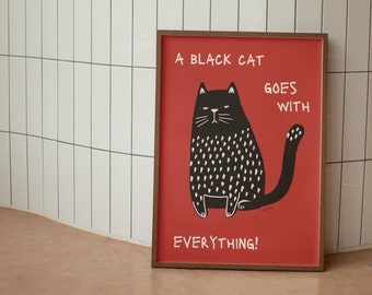 Funny Black Cat Art Print: Retro Cat Lover Gift (Digital Download)