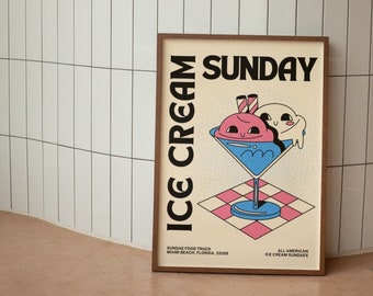 Ice Cream Sunday Wall Print, Retro Kitchen Wall Decor, Sundae Digital Download Print, Downloadable Prints, Large Printable Art