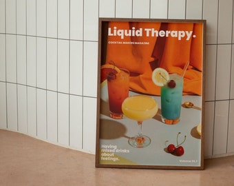Liquid Therapy Wall Print, Retro Kitchen Wall Decor, Digital Download Cocktail Print, Downloadable Alcoholic Prints, Large Printable Art