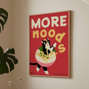 Ramen-Katze-Digitale Wandkunst, japanisches Essen Druck, niedliches Tuxedo-Katze-Wand-Dekor, Ramen-Wand-Plakat, rote herunterladbare Drucke, druckbare Kunst
