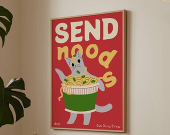 Ramen Cat Print: Japanese Food Poster, Grey Cat Art (Digital Download)