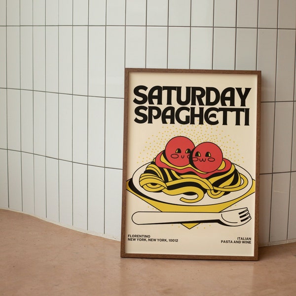 Samstag Spaghetti Digitaler Wanddruck, italienisches Essen Poster, Pasta Kunst, digital herunterladbares Poster, Digitaldruck Retro, Küchendekor