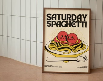 Sábado Spaghetti Digital Wall Print, Cartel de comida italiana, Arte de pasta, Cartel descargable digital, Impresión digital retro, Decoración de cocina