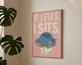 Stampa divertente di un gatto grigio: citazione "Se mi sta bene, mi siedo" (download digitale)