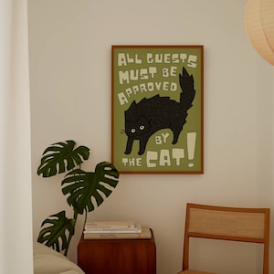 Todos los invitados deben ser aprobados por el gato, impresión de gato negro, póster de gato divertido, regalo para amantes de los gatos, impresión de gatito lindo