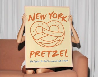 New York Pretzel Digital Print, Modern Kitchen Wall Art, Retro Food Art, Hand Drawn Illustration, Vintage Food Poster, Mid Century Print