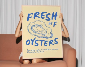 Oyster Digital Wall Print, Modern Kitchen Print, Retro Food Poster, Trendy Food Print, Pastel Yellow Wall Art, Kitchen Wall Art