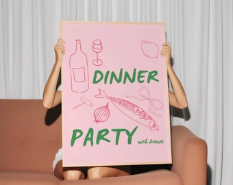 Dinner Party Digital Print, Pastel Pink Poster, Funky Food Print, Retro Kitchen Art, Hand Drawn Sardine Wine & Ribbon Bows, Dorm Room Decor