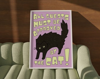 Funny Cat Poster, Vintage Cat Print, Kitchen Cat Print, Black Cat Wall Art, Digital Download Print, Pet Printable, Purple Cat Print