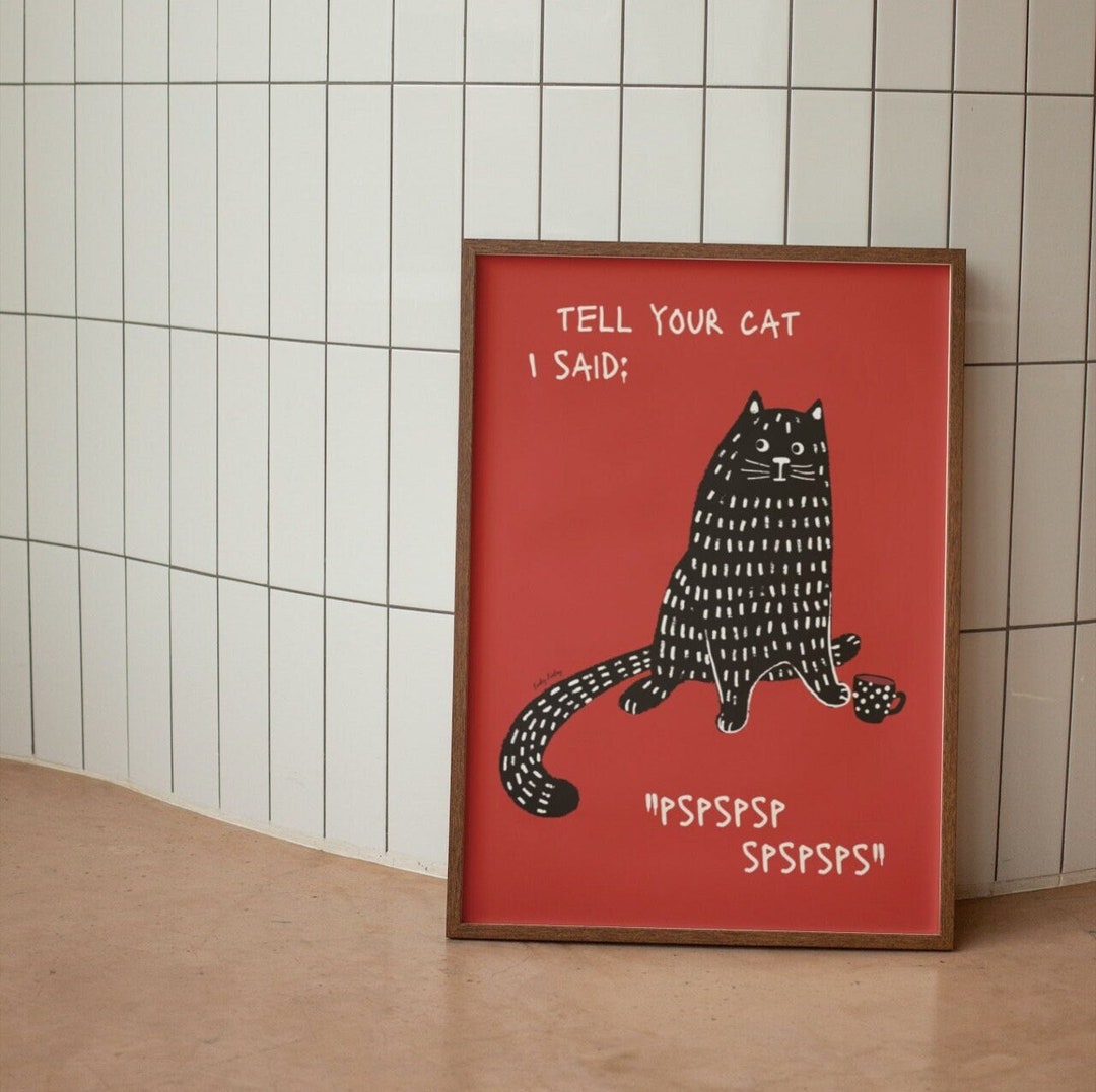 Funny Black Cat Poster Cute Cat Digital Print Kitten Illustration Cat ...