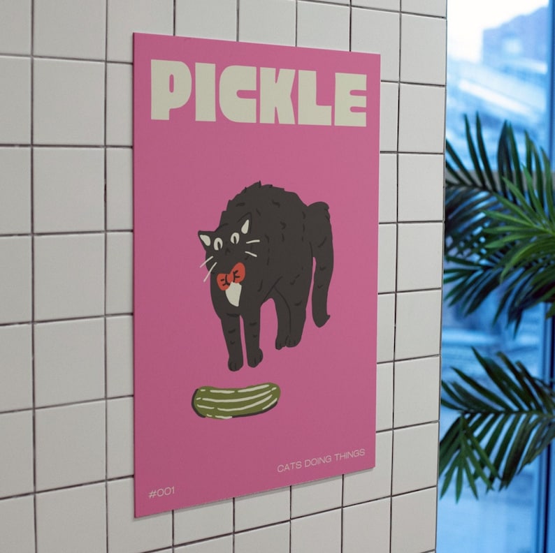 Black Cat Digital Wall Art Print, Funny Cat Poster, Cute Kitten Illustration, Cat Lover Gift, Pink Cat Poster, Cat Wall Decor, Pickle image 5