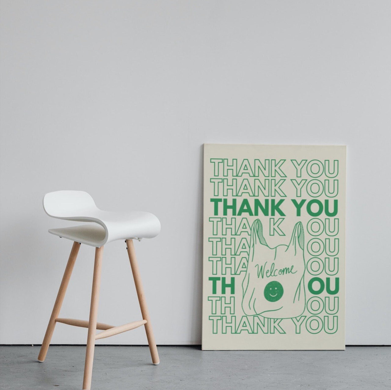 Thank You Plastic Shopping Bag Wall Print, Green Retro Wall Decor