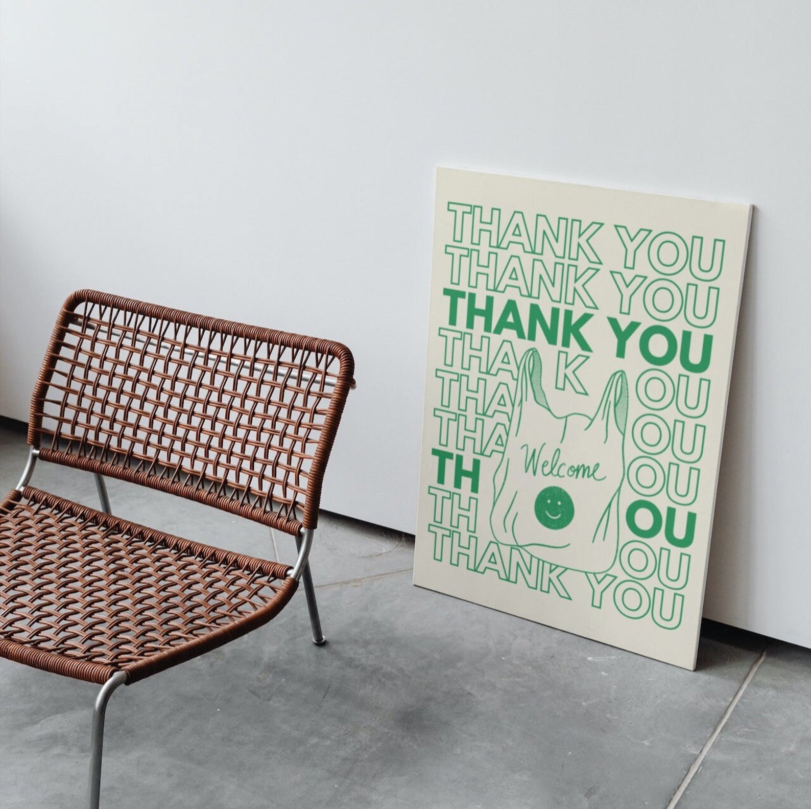 Thank You Plastic Shopping Bag Wall Print, Green Retro Wall Decor