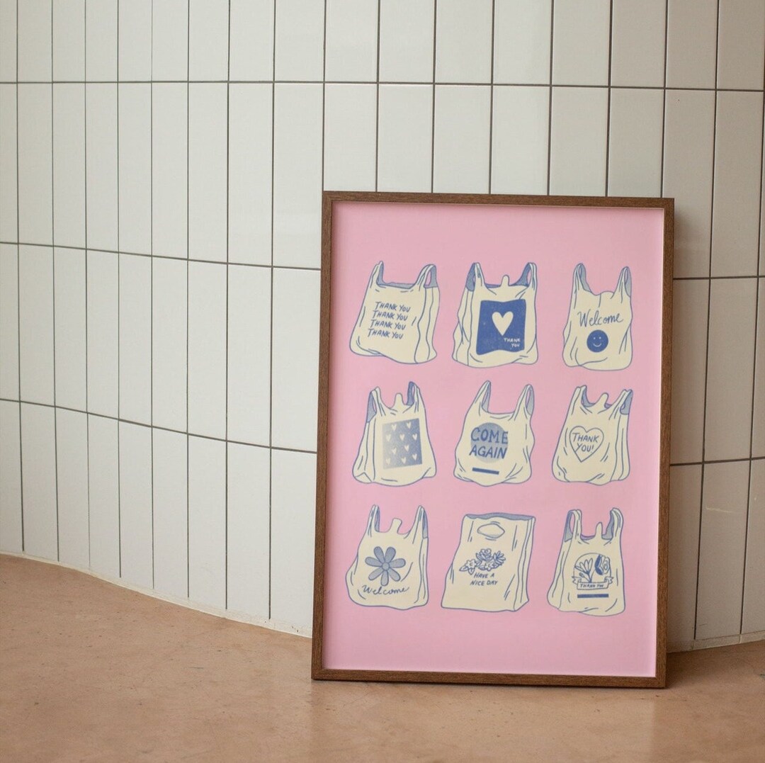 Pink Trendy Shopping Bag Wall Print, Retro Wall Decor, Digital Download