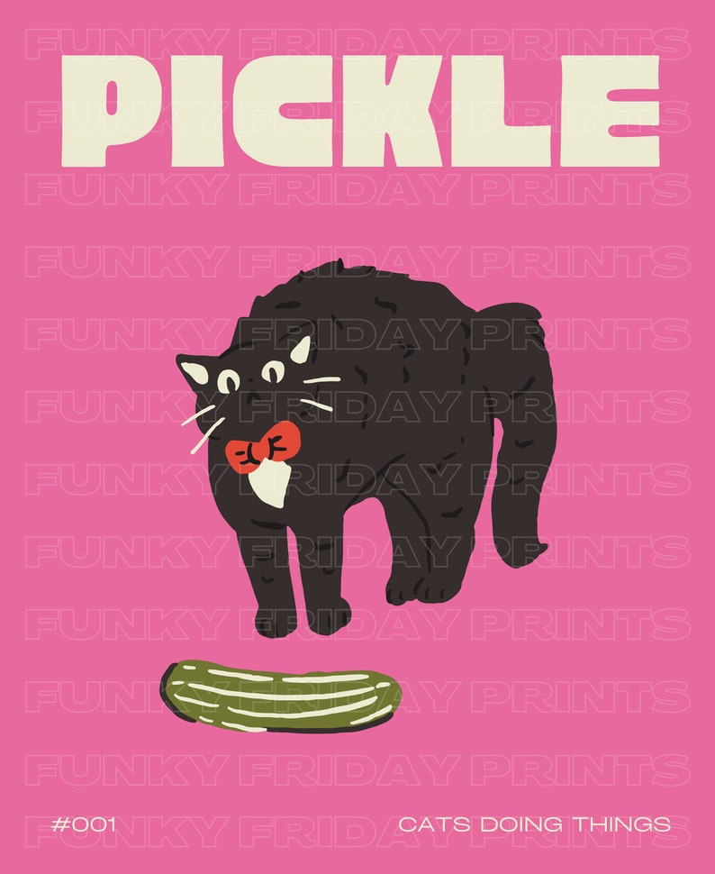 Black Cat Digital Wall Art Print, Funny Cat Poster, Cute Kitten Illustration, Cat Lover Gift, Pink Cat Poster, Cat Wall Decor, Pickle image 4