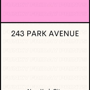 May include: A white and pink business card with the text "243 Park Avenue, New York City" printed in black.