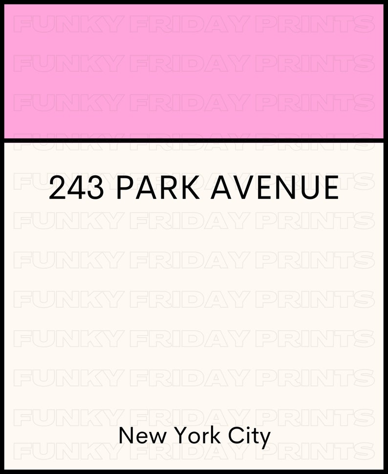 May include: A white and pink business card with the text "243 Park Avenue, New York City" printed in black.