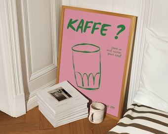 Retro Coffee Print: Pink & Green Funky Kitchen Art (Digital Download)