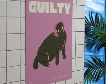Black Cat Digital Wall Art Print, Funny Cat Poster, Cute Kitten Illustration, Cat Lover Gift, Cat Doing Things Wall Decor, Purple Poster