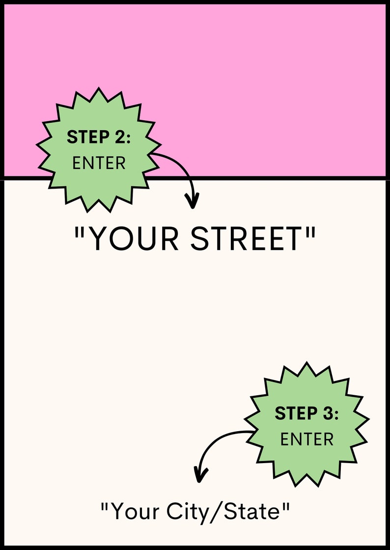 May include: A diagram with two green star-shaped buttons that say "STEP 2: ENTER" and "STEP 3: ENTER".  The buttons are connected to text that says "YOUR STREET" and "Your City/State".