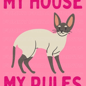 K&ouml;nnte beinhalten: Ein rosa Hintergrund mit dem Text "MY HOUSE MY RULES" in rosa Buchstaben. Eine Cartoon-Siamesische Katze befindet sich in der Mitte des Bildes.